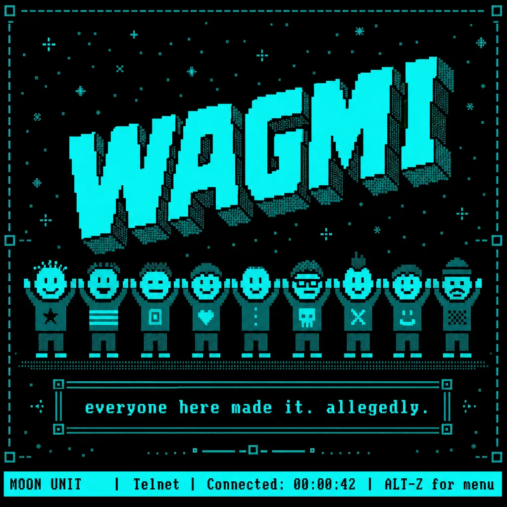 ASCII reference 2 — Cyan team photo, nine faces with arms up