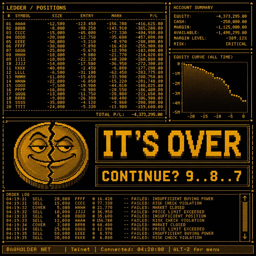 ASCII reference 3 — Amber ledger, cracked cartoon coin, dialog