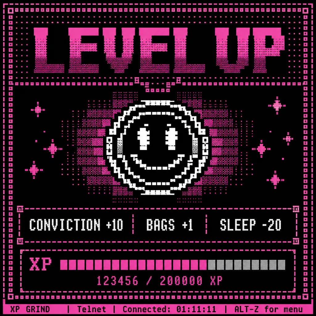 ASCII reference 6 — Magenta level-up screen, aura in shade characters