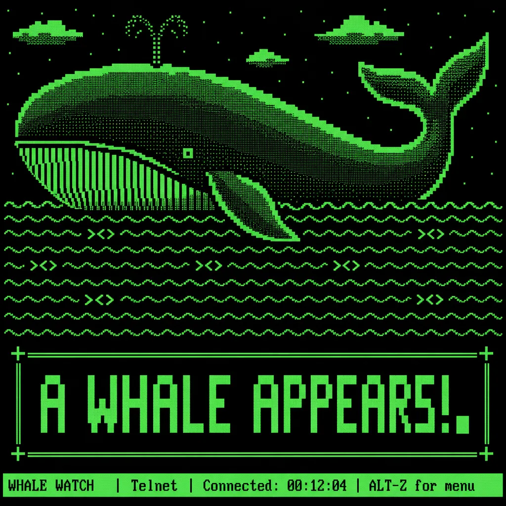 ASCII reference 8 — Green phosphor whale over a sea of tildes
