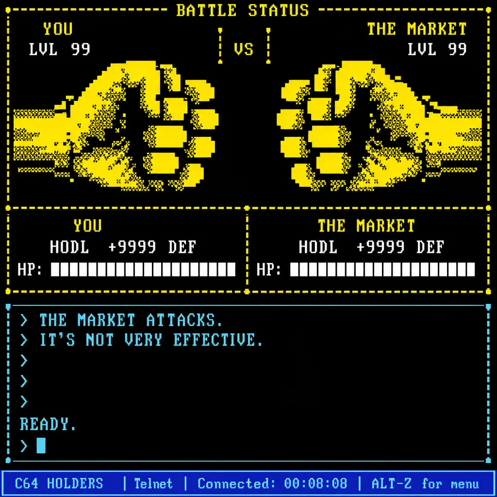ASCII reference 9 — C64 blue battle screen, two yellow fists