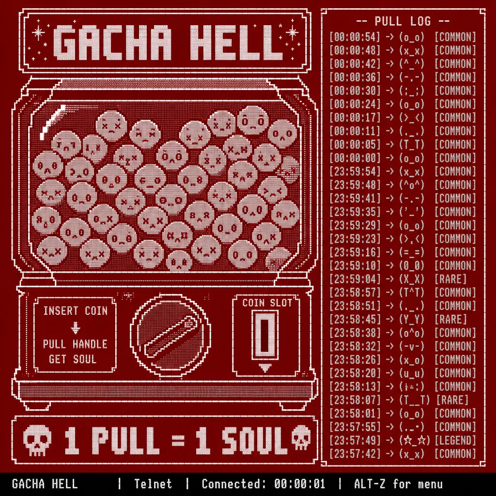 ASCII reference 10 — White-on-red vending machine full of faces
