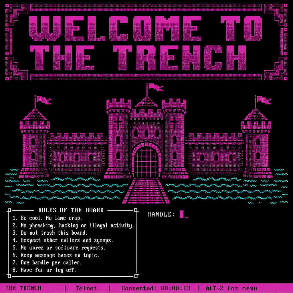ASCII reference 11 — CGA fortress over cyan waves, login prompt