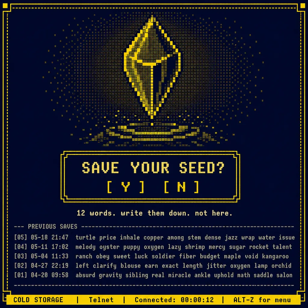 ASCII reference 12 — Yellow-on-navy save crystal, previous saves log