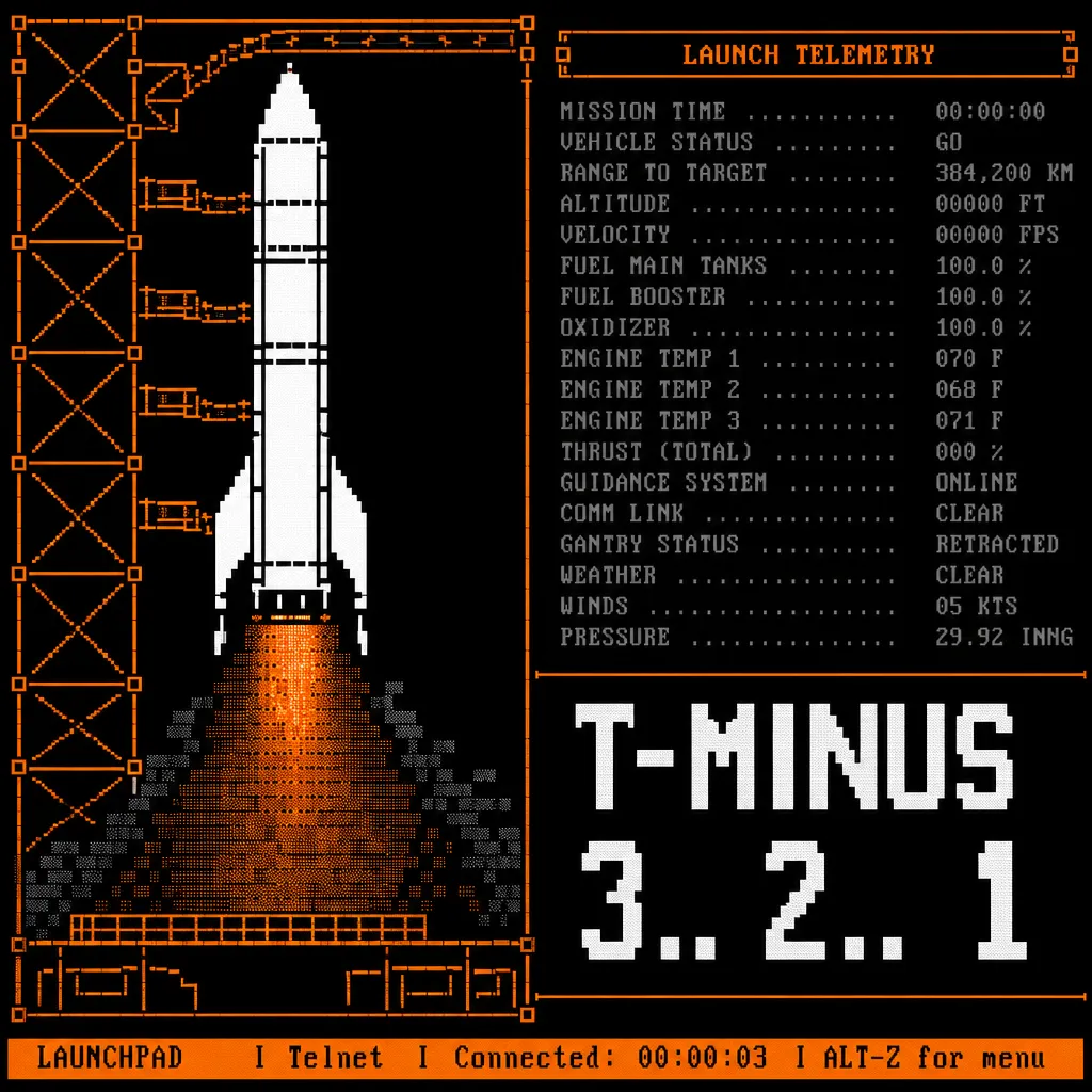 ASCII reference 13 — Orange gantry, white rocket, telemetry panel