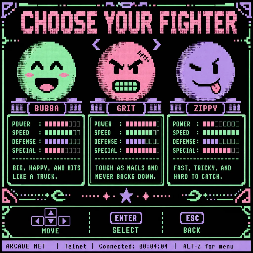 ASCII reference 14 — Pastel character select, three faces on pedestals