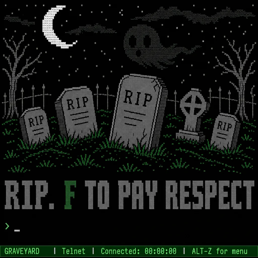 ASCII reference 15 — Dim green graveyard, ghost face, crescent moon
