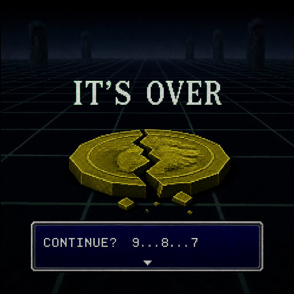 BLOCKCORE reference 4 — Game-over screen, cracked coin