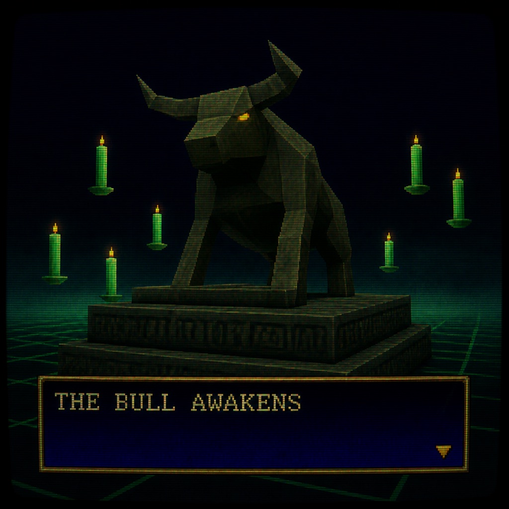 BLOCKCORE reference 5 — Bull statue ringed by floating candles