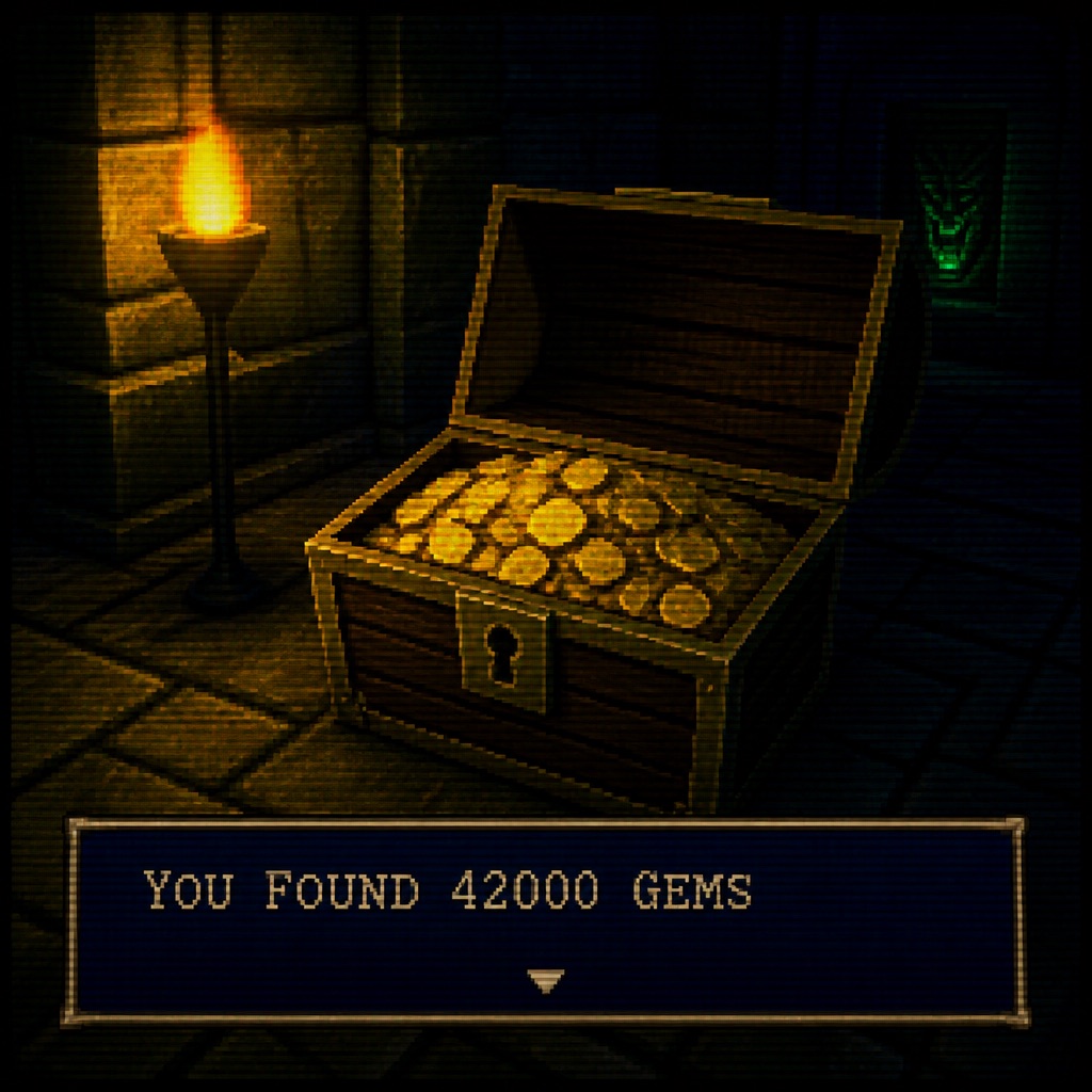 BLOCKCORE reference 7 — Torch-lit chest of low-poly coins