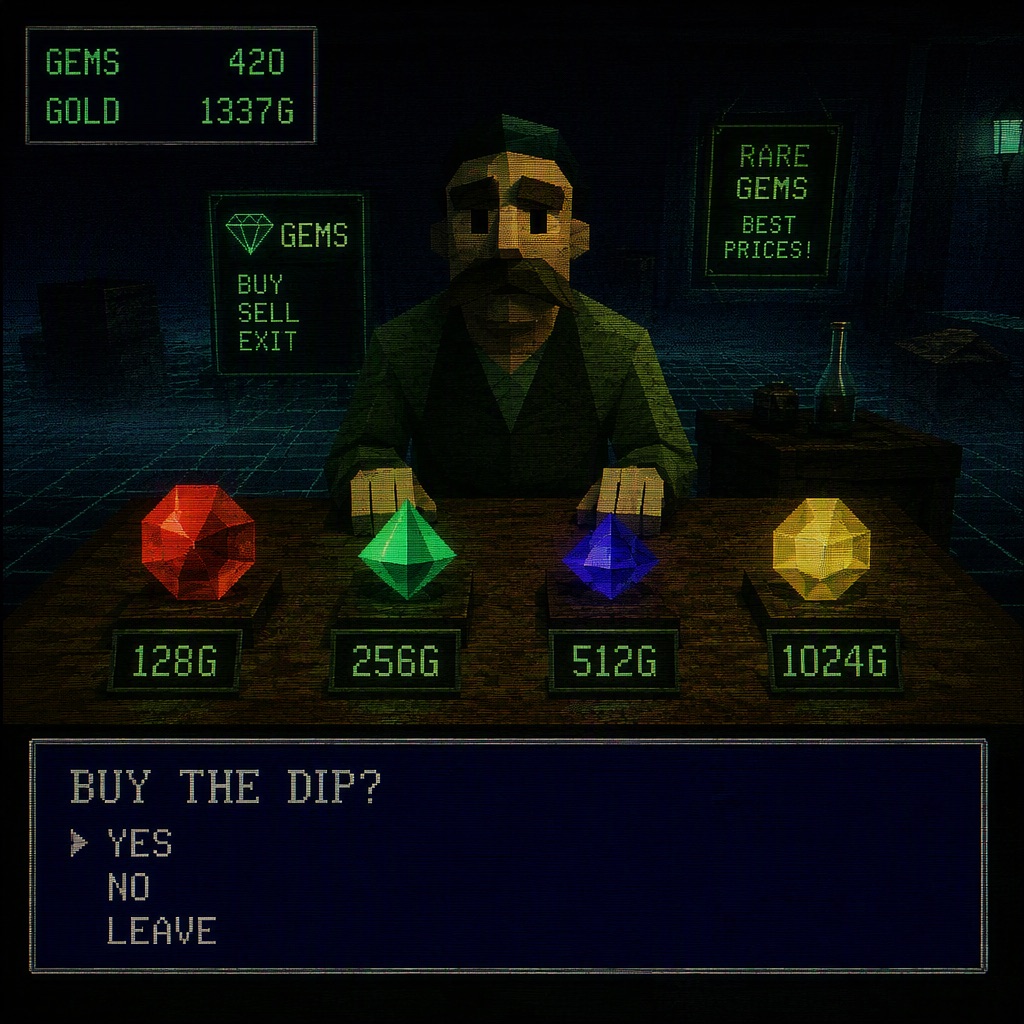 BLOCKCORE reference 8 — RPG merchant selling gem tokens