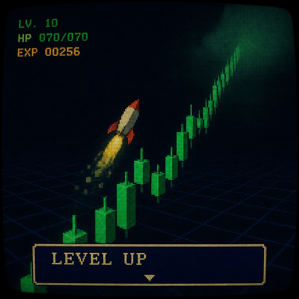 BLOCKCORE reference 10 — Rocket climbing a giant green candle