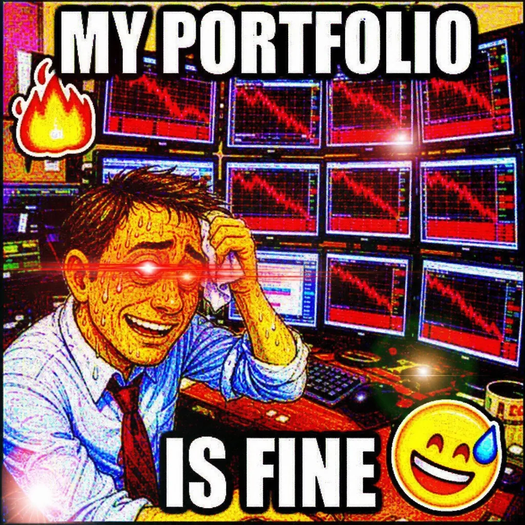 FRIEDPOST reference 11 — Trader sweating at twelve red monitors