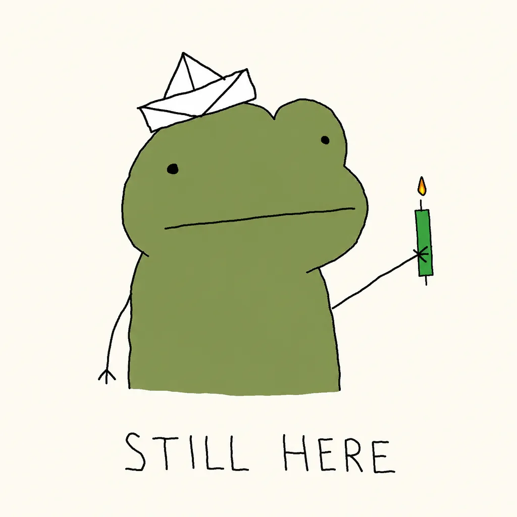 TRENCHJAK reference 11 — House frog with a paper hat and one green candle